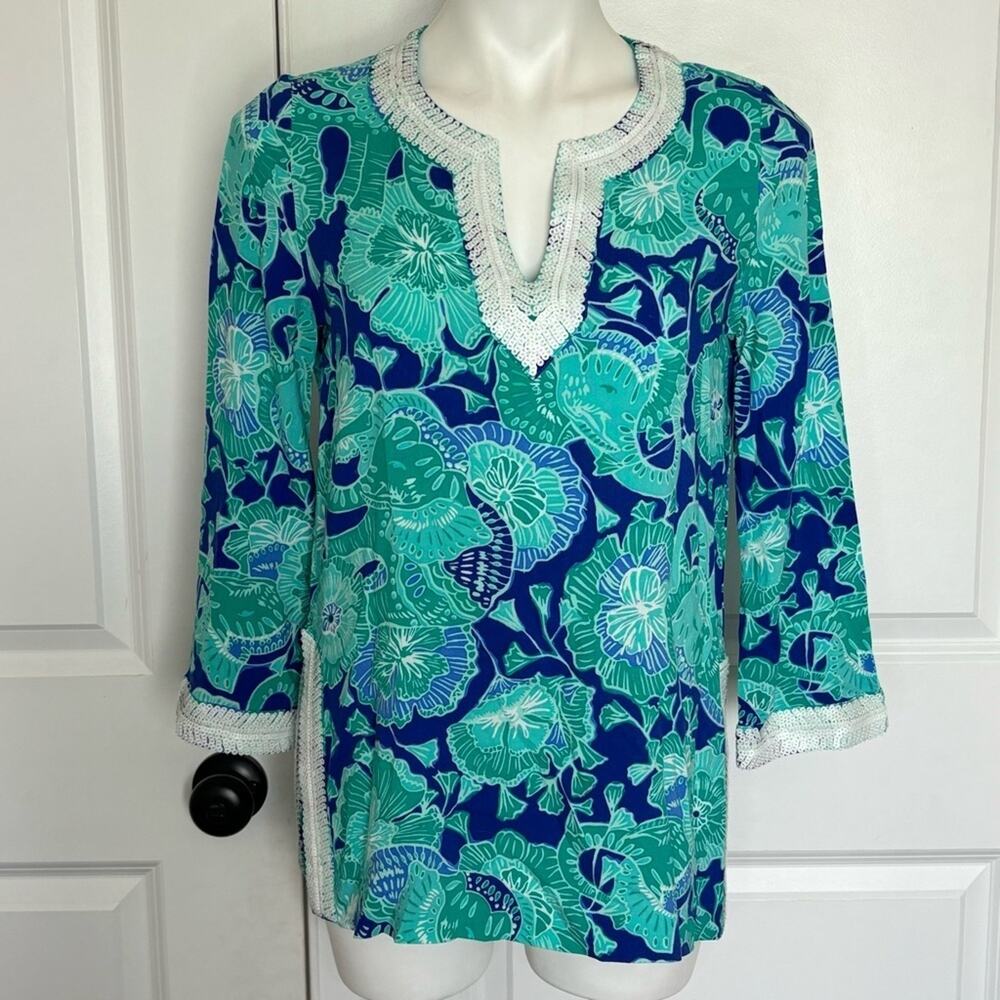 Lilly Pulitzer Renato Sequin Tunic Blue Green Elephant Floral Print XS